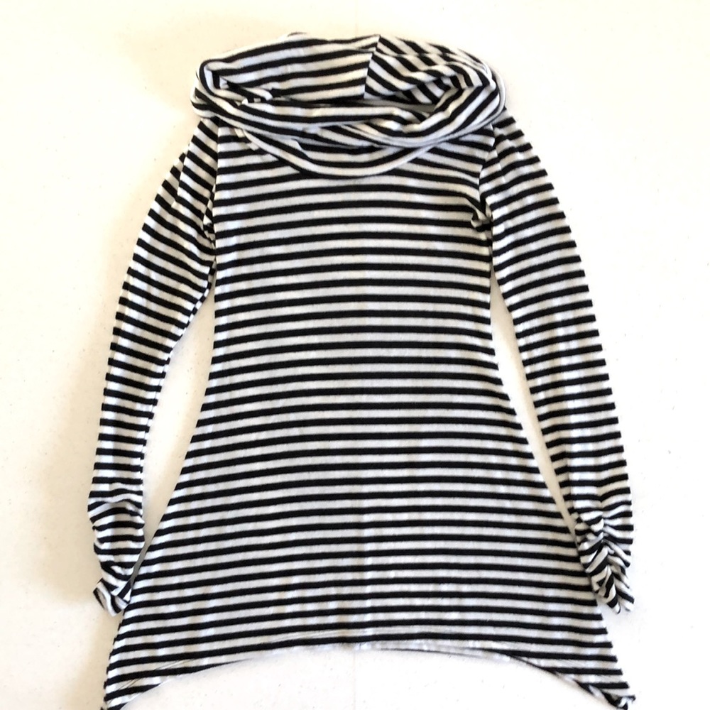 Black and white striped long sleeve tunic with cowl neck